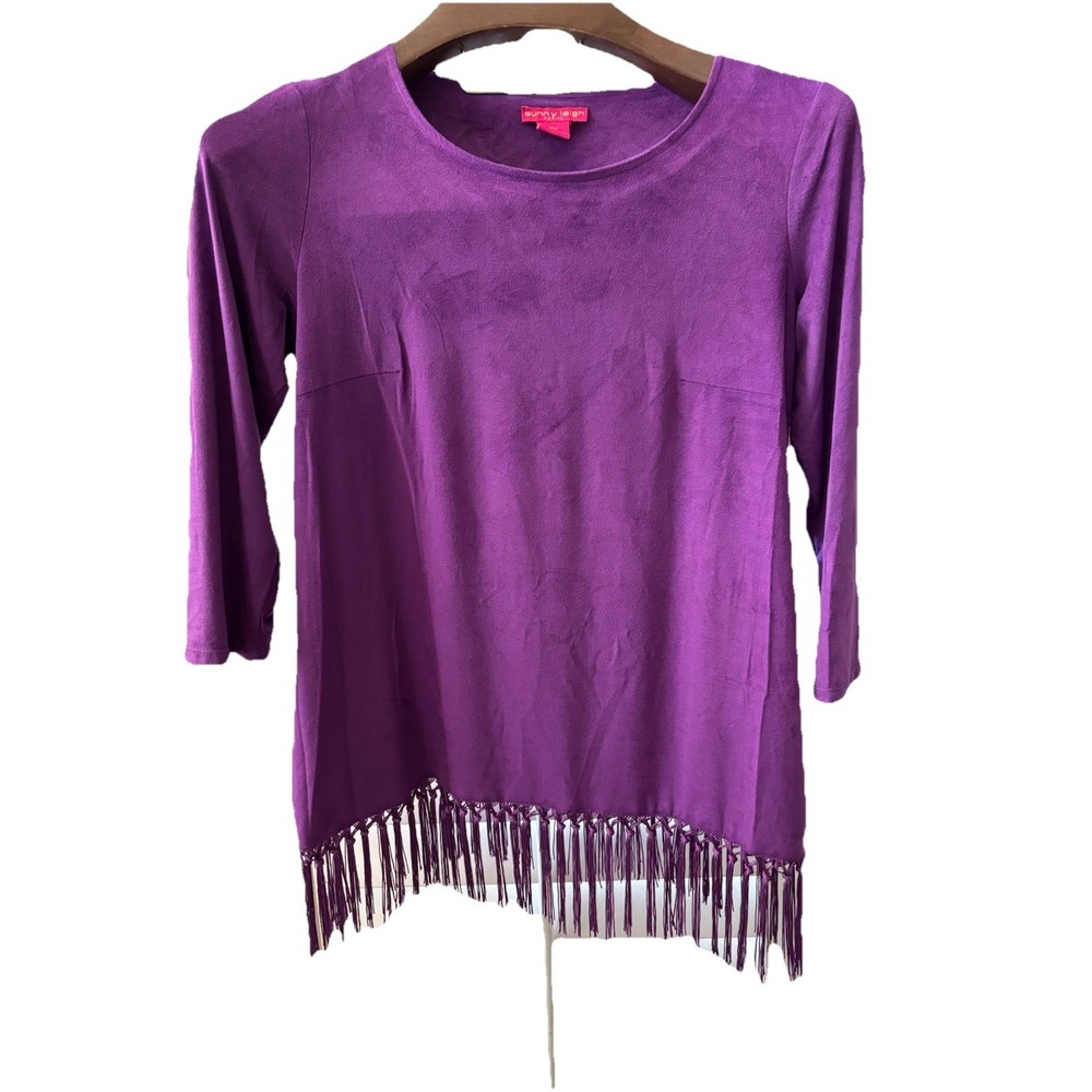 Sunny Leigh M P Fringed Blouse Tunic Plum Asymmetrical Hem Long Sleeve